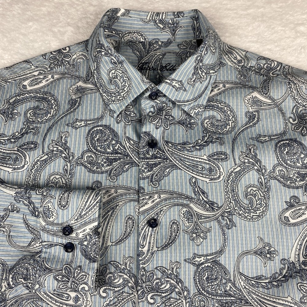 Tasso Elba Shirt Mens Large Blue Paisley Stripes Regular Fit 100% Cotton